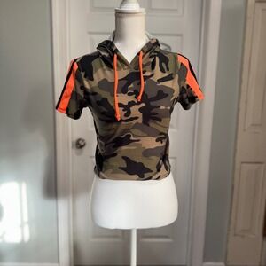 Y2K Camo Crop Top Hoodie Short Sleeve Orange Stripe Activewear‎